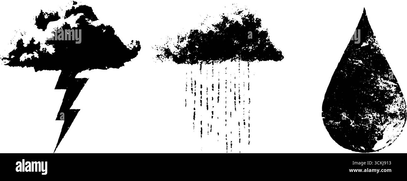 Elementi d'atmosfera stencil art: Tempeste, nuvole di pioggia e design a goccia di pioggia per progetti creativi. Illustrazione Vettoriale