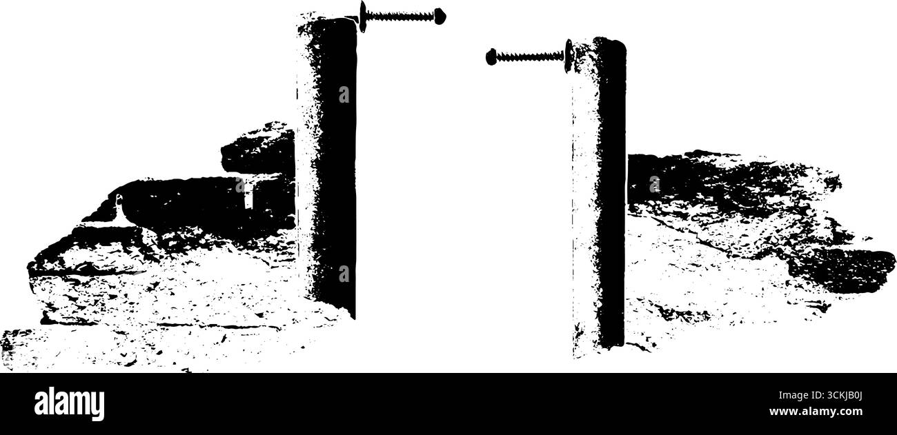 Stencil industriali in bianco e nero con palo in cemento per l'arte urbana e la creazione di poster. Illustrazione Vettoriale