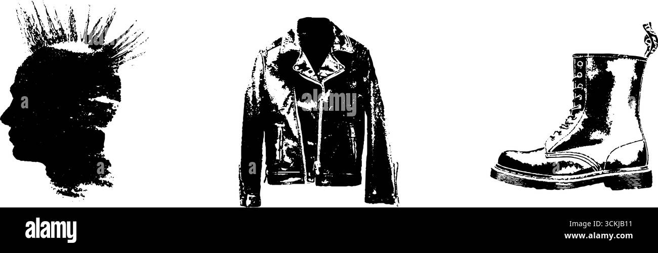 Set di stencil in bianco e nero in stile punk con mohawk, giacca in pelle e stivale da combattimento - design per l'arte urbana e la moda. Illustrazione Vettoriale
