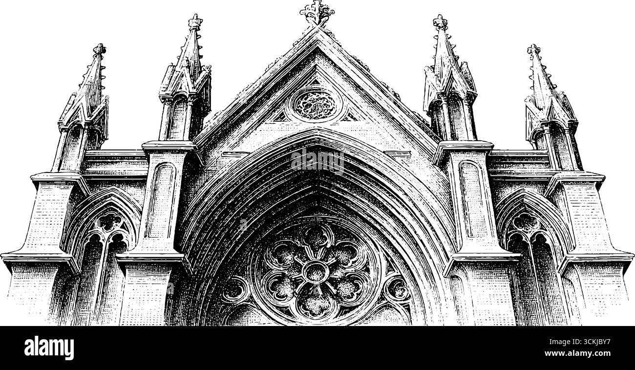 Facciata gotica della cattedrale con archi a punta e dettagli ornati per il design architettonico. Illustrazione Vettoriale