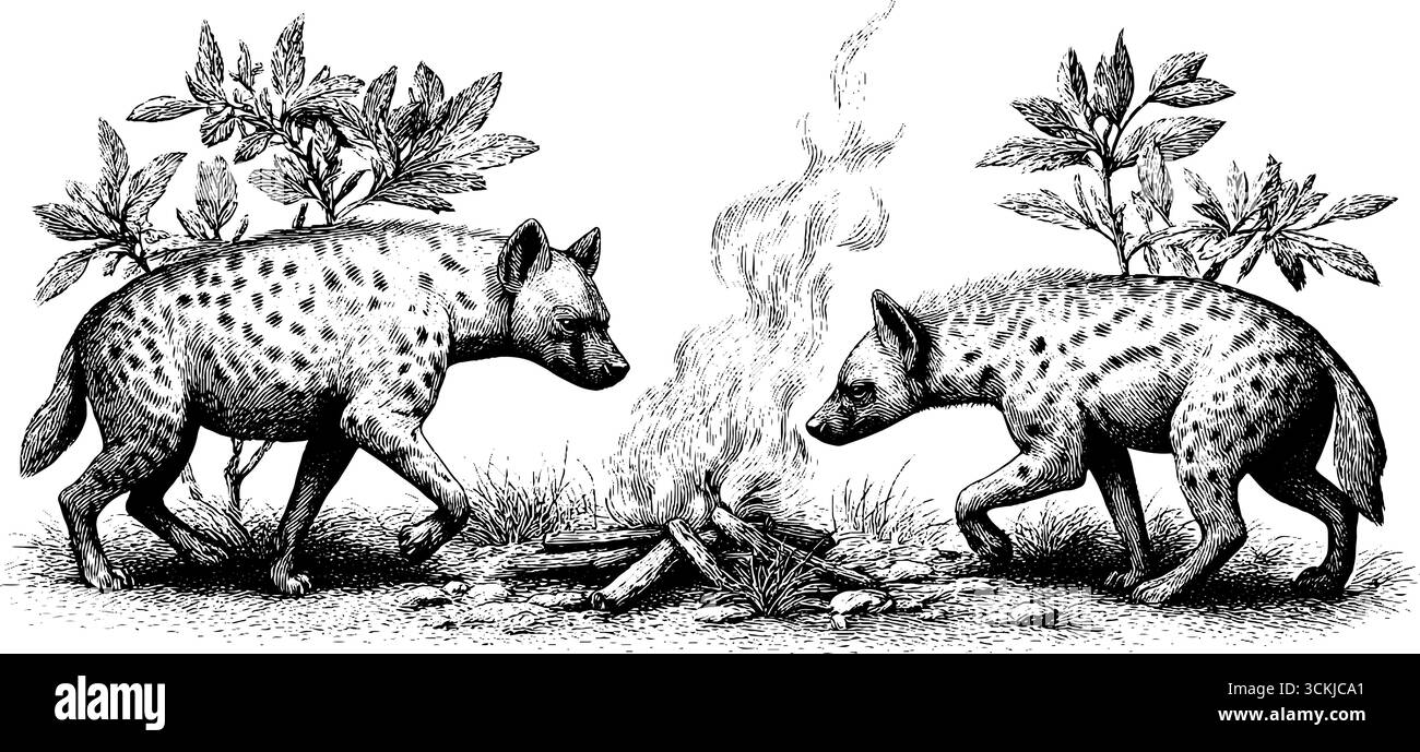 Iene che si aggirano vicino a un fuoco morente nella savana al crepuscolo - schizzo vintage. Illustrazione Vettoriale