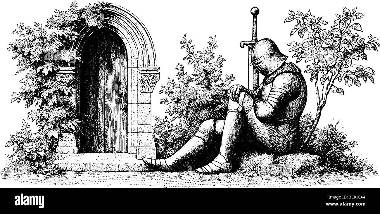 Cavaliere medioevale in posta di catena che riposa con la spada accanto a una porta di legno. Illustrazione Vettoriale