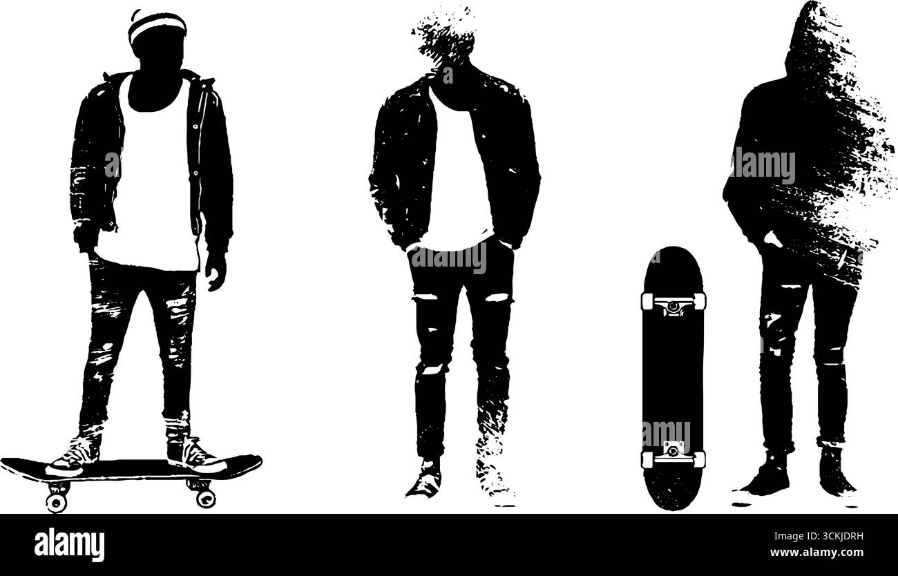 Set stencil bianco e nero di silhouette da skateboard per l'arte urbana e il design. Illustrazione Vettoriale