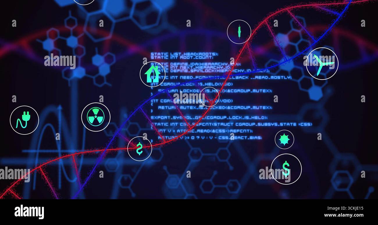 Visualizzazione del blocco di codici azzurro su sfondo digitale, con forma d'onda ECG, elica DNA rossa, onda sinusoidale Foto Stock
