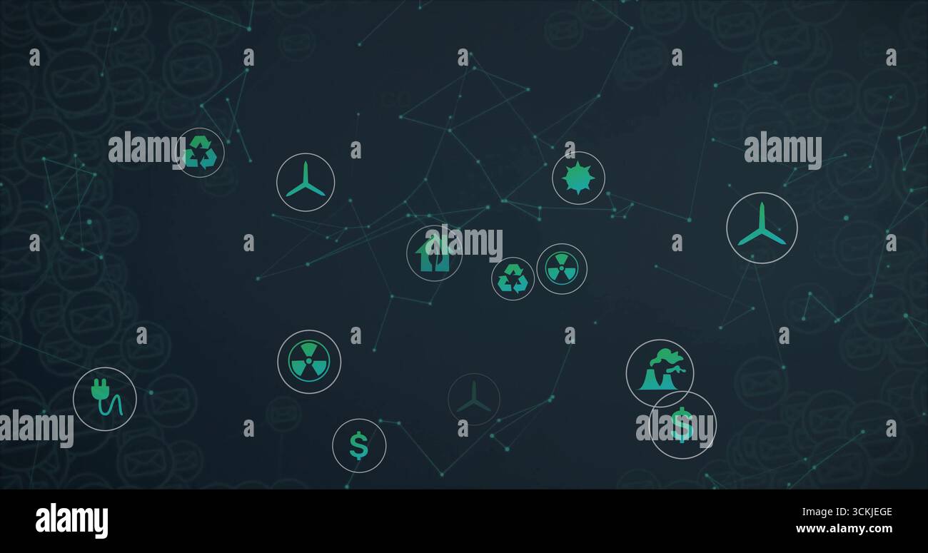 Brillanti icone di sostenibilità che collegano la rete, con il riciclaggio di turbine eoliche e simboli nucleari Foto Stock