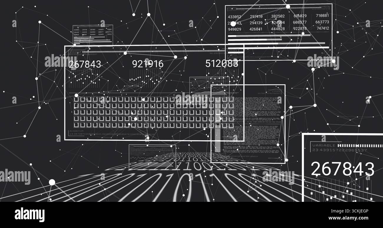 Creazione di overlay tastiera centrale nell'interfaccia di rete digitale, collegamento di nodi e pannelli di codice Foto Stock