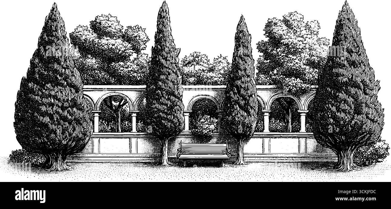Tranquillo giardino del chiostro con passerella ad arco e panca in pietra, design vintage disegnato a mano. Illustrazione Vettoriale