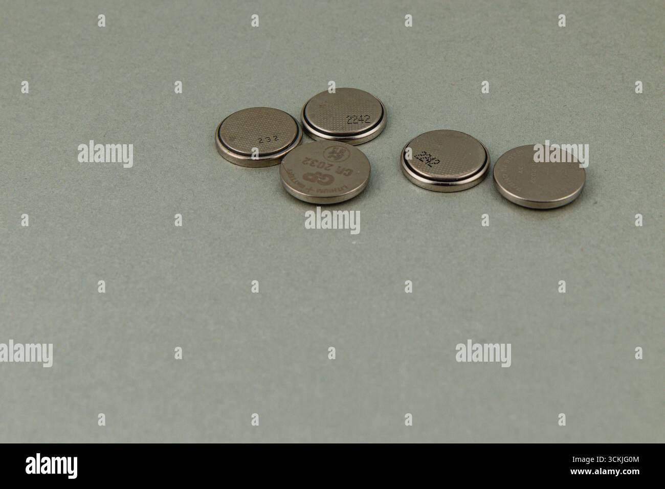 Ucraina Lviv 15.08.25 diverse celle rotonde della batteria sono disposte in modo ordinato su una superficie grigio chiaro, mostrando vari numeri e simboli incisi, indica Foto Stock
