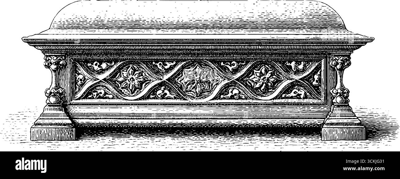 Reliquiario gotico con reticolo d'oro e dettagli in pietre preziose - illustrazione vintage disegnata a mano. Illustrazione Vettoriale