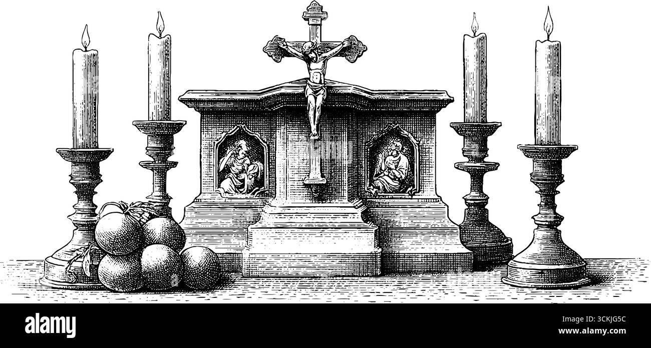 Altare gotico con crocifisso, candele e pannelli dipinti per design e decorazioni religiose. Illustrazione Vettoriale