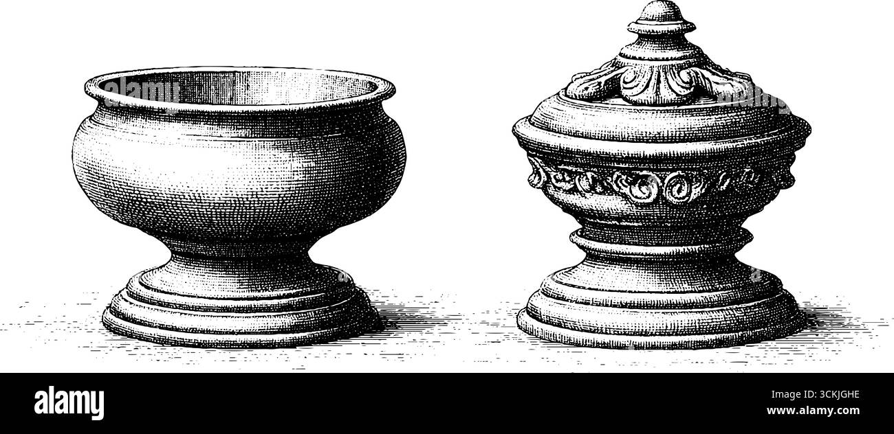 Ciotola vintage in vetro con incisioni e statua bookend decorata per un arredamento retrò. Illustrazione Vettoriale