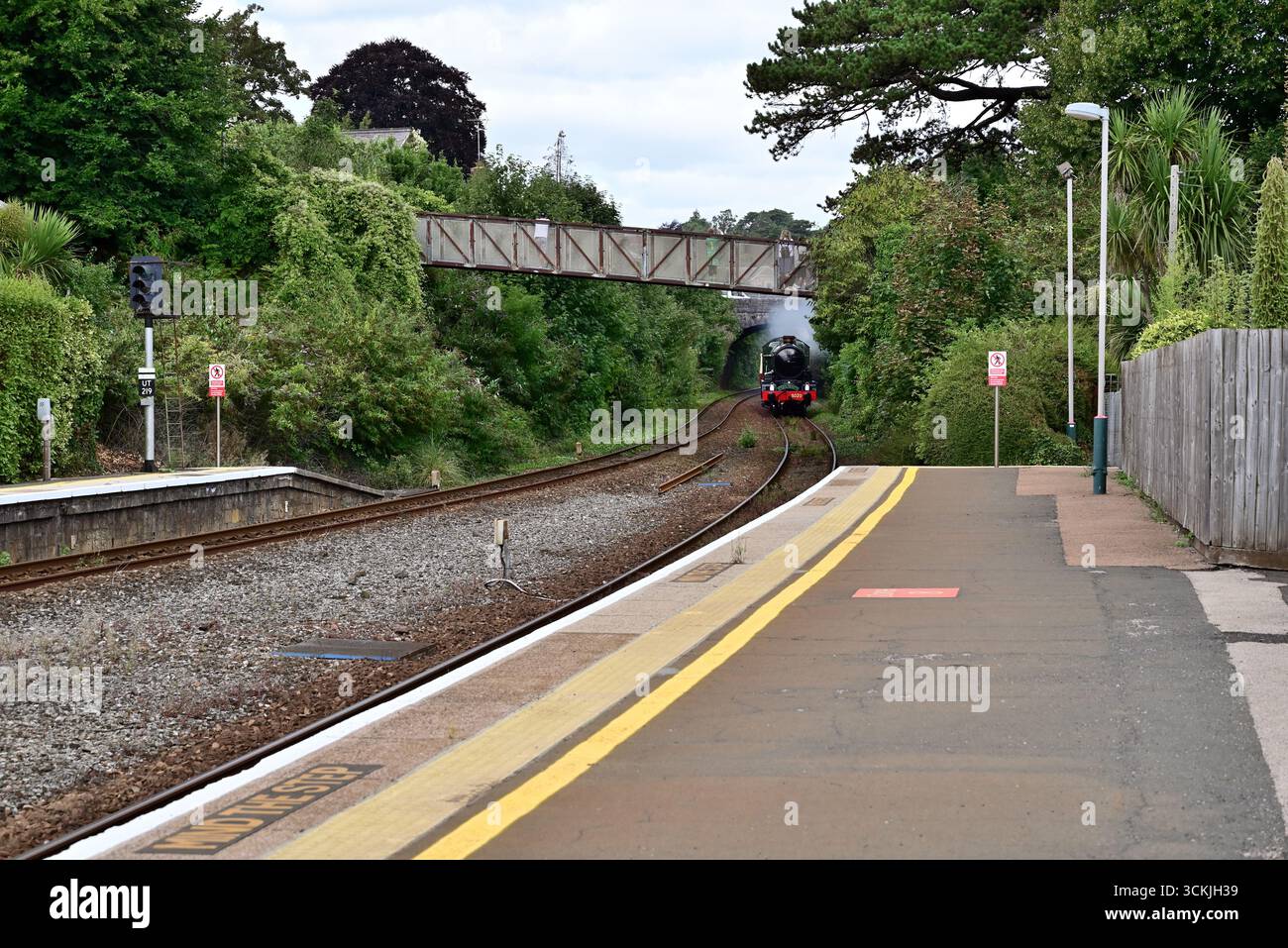 Locomotiva di classe GWR Castle n. 5029 Nunney Castle in avvicinamento alla stazione di Torquay con l'English Riviera Express, diretta a Kingswear. Foto Stock