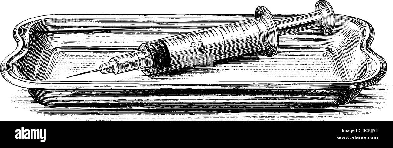 Schizzo di attrezzature mediche vintage con siringa, vassoio in metallo e concetto di cotone. Illustrazione Vettoriale