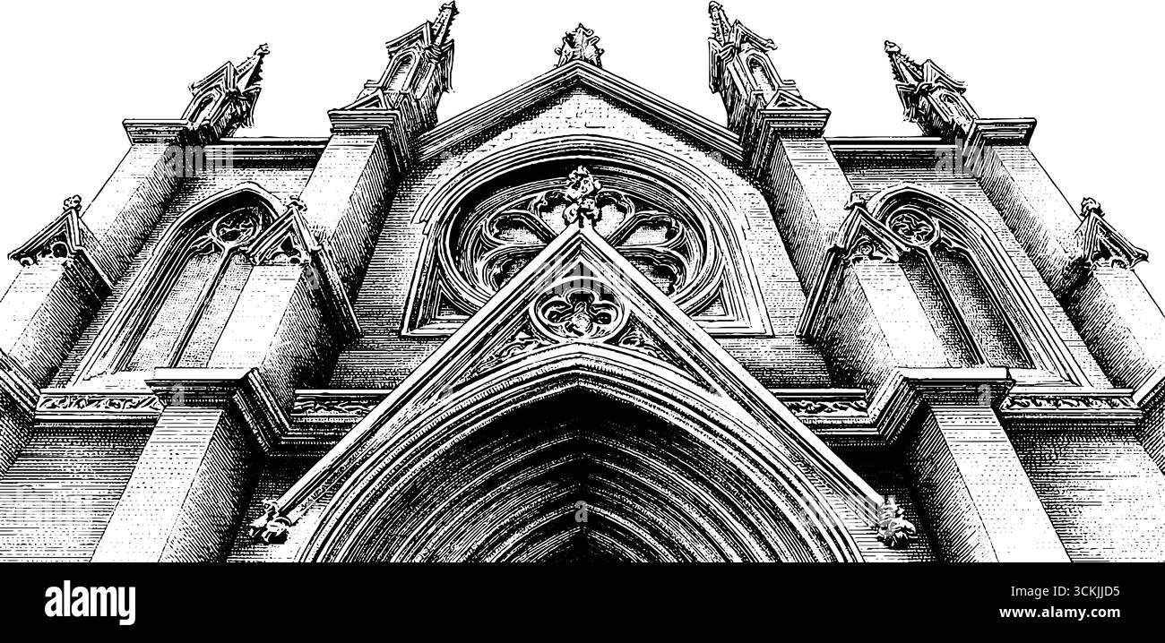 Facciata gotica della cattedrale con archi a punta e design intricato per ispirazione architettonica. Illustrazione Vettoriale