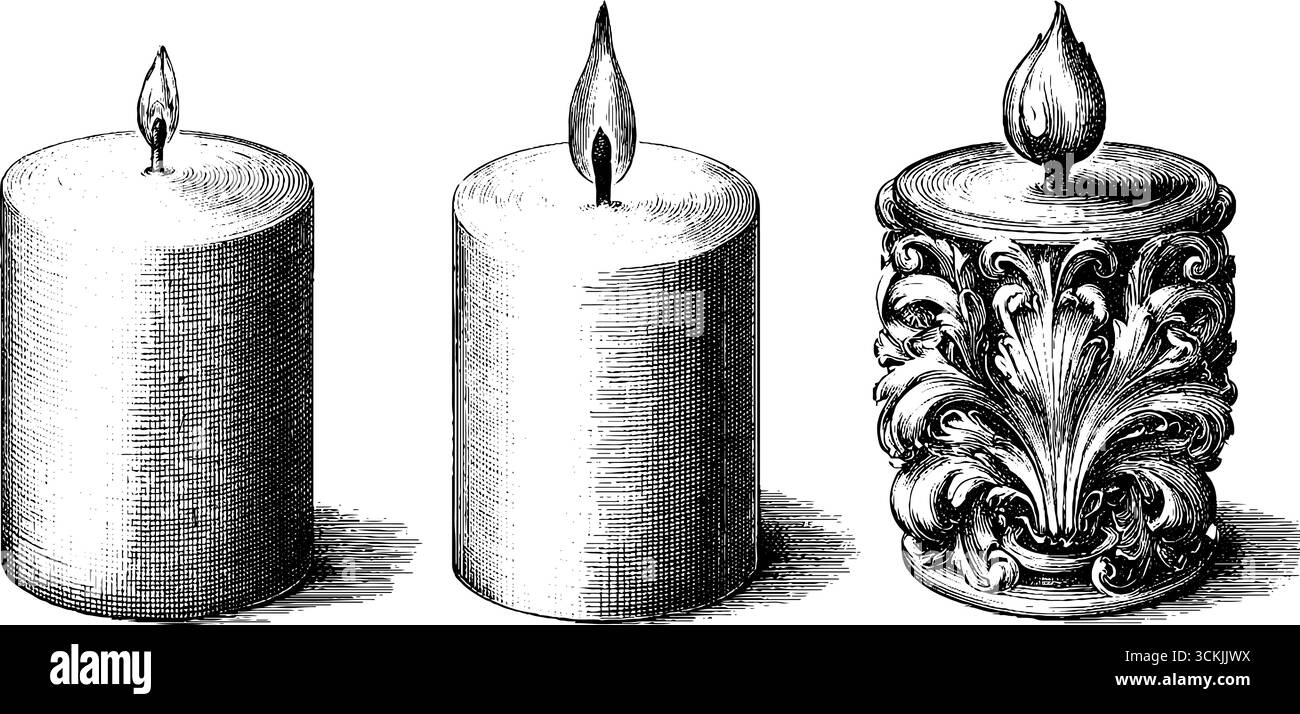 Set di candele vintage trafilate a mano con fiamme continue e soffiate dal vento per decorazione e design. Illustrazione Vettoriale