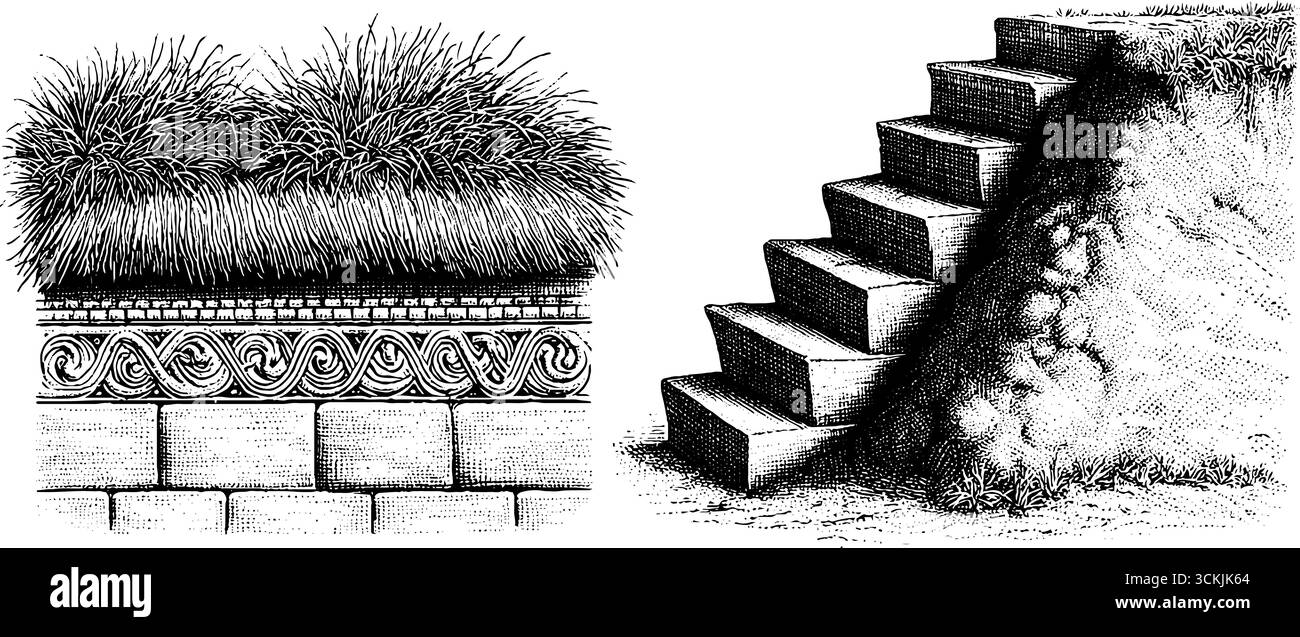 Elementi architettonici con erba, gradini in pietra e motivi scultorei per un design storico. Illustrazione Vettoriale
