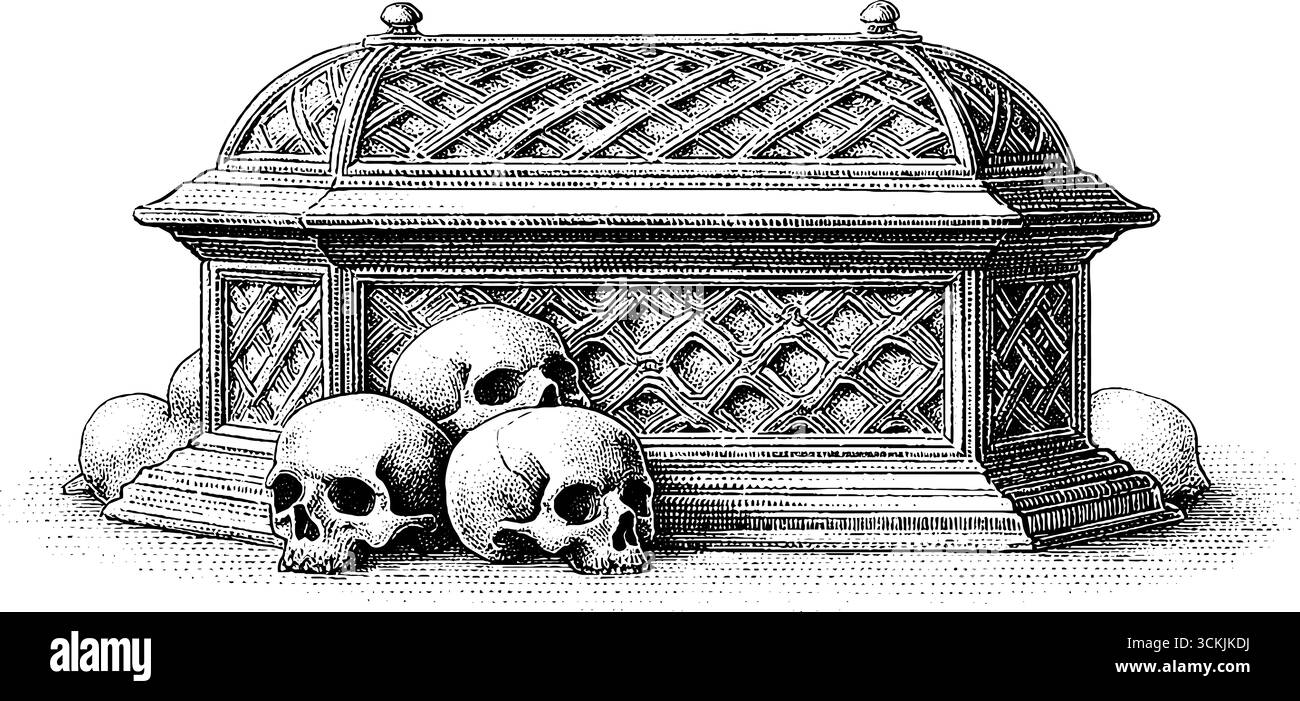Reliquiario gotico con teschi e design a reticolo d'oro - arte gotica vintage per illustrazione storica. Illustrazione Vettoriale