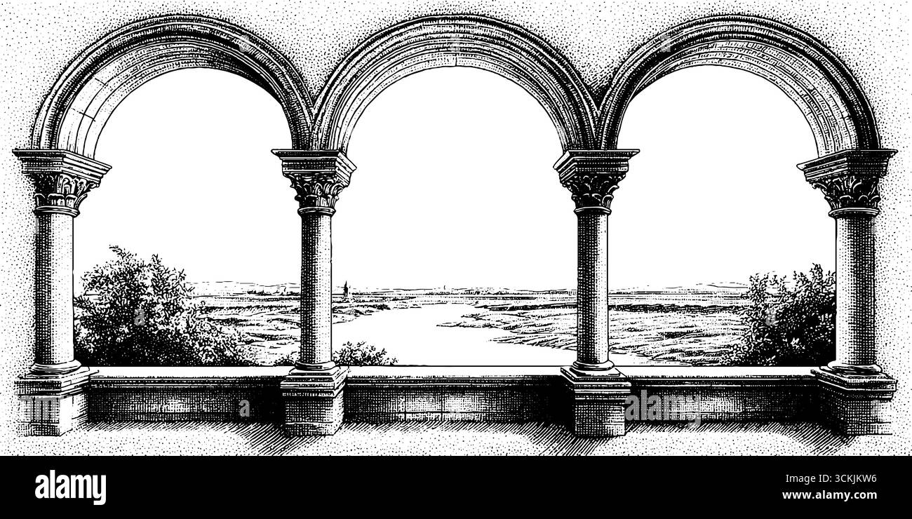 Loggia vintage disegnata a mano con archi simmetrici che si affacciano su un paesaggio urbano. Illustrazione Vettoriale