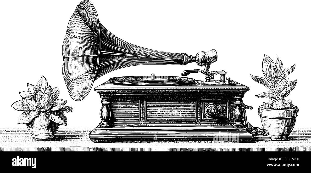 Lettore di dischi vintage con succulente ripiano a parete - incisione retrò disegnata a mano per un design decorativo. Illustrazione Vettoriale