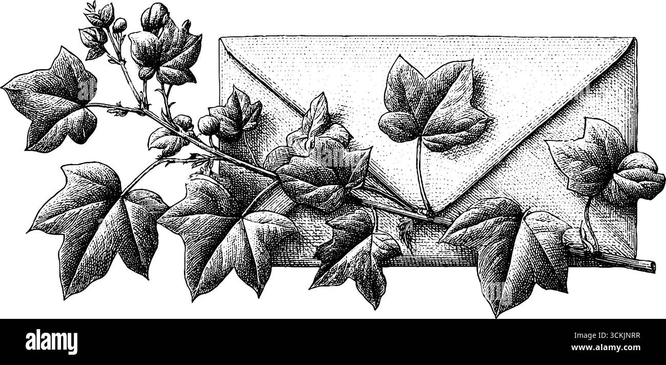 Francobollo in cera vintage disegnato a mano e busta con silhouette ivy. Illustrazione Vettoriale