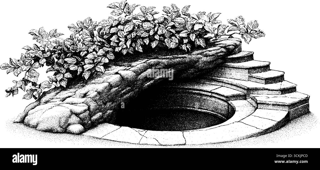 Antico anfiteatro crollato con sedile intagliato e fogliame sovrastato - incisione disegnata a mano per il design storico. Illustrazione Vettoriale