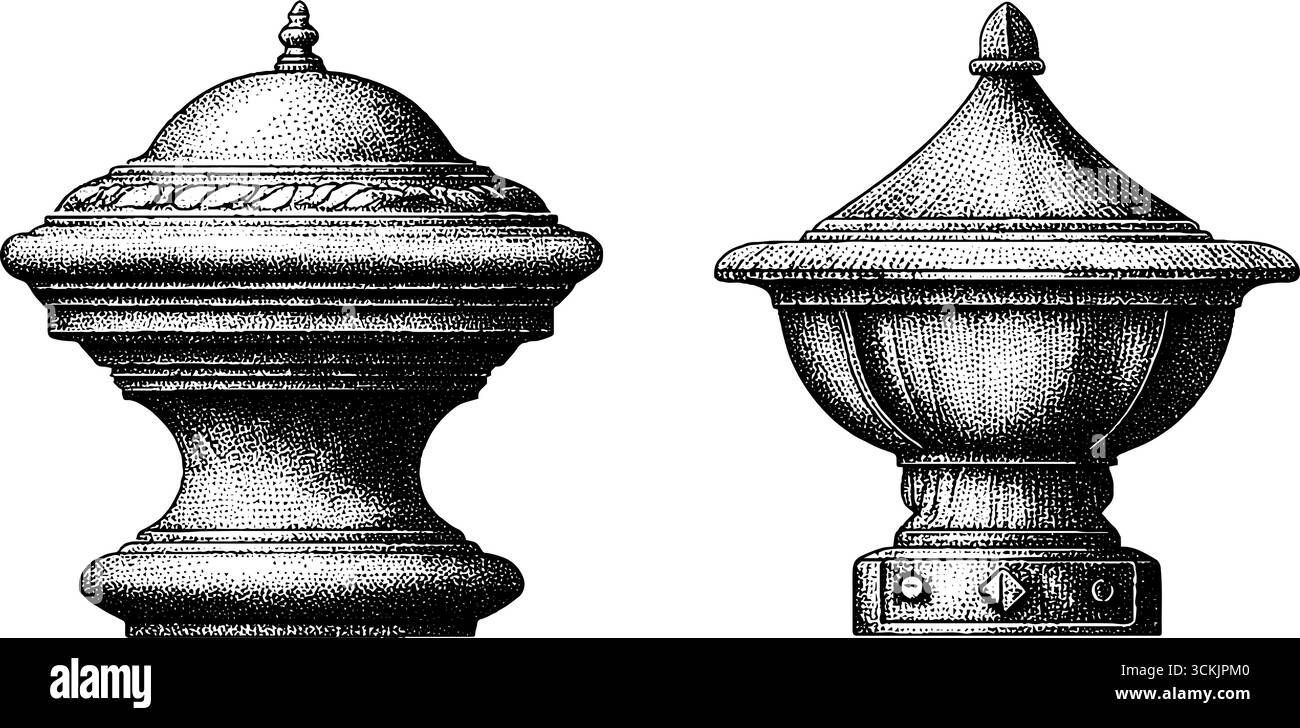 Cappellini a lampione vintage e top a gas: Design inciso disegnato a mano per decorazioni e progetti artistici. Illustrazione Vettoriale