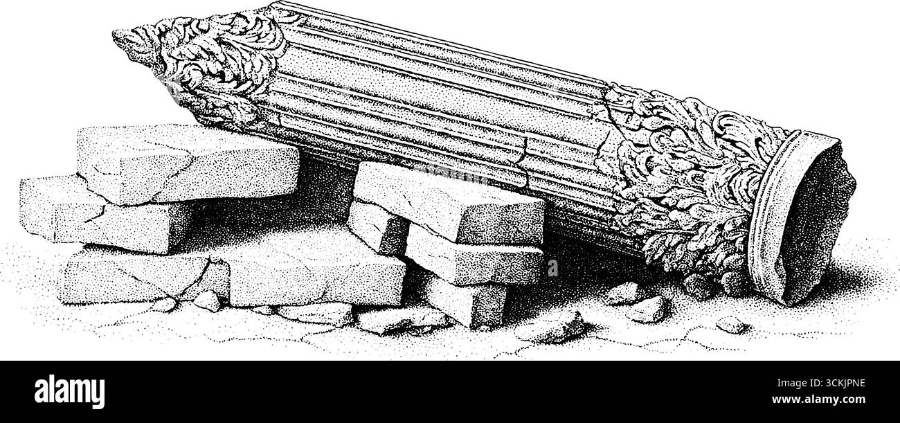 Schizzo vintage inciso del frammento della torre pendente e dell'architrave caduto per il design. Illustrazione Vettoriale