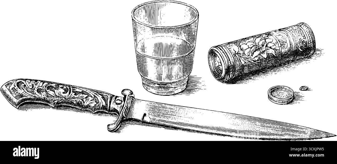 Incisione vintage disegnata a mano di tavolo con coltello, vetro e bottiglia rovesciata. Illustrazione Vettoriale