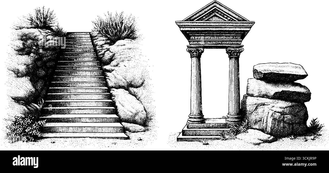 Scala nebbiosa vintage e antico disegno a baldacchino per un design retrò. Illustrazione Vettoriale Scala nebbiosa vintage e antico disegno a baldacchino per un design retrò. Illustrazione Vettoriale