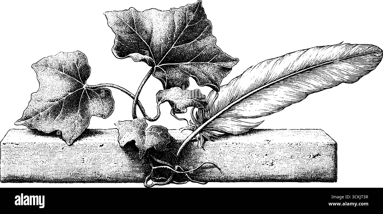 Lapide vintage con schizzo in piume d'edera e corvo per un design retrò. Illustrazione Vettoriale