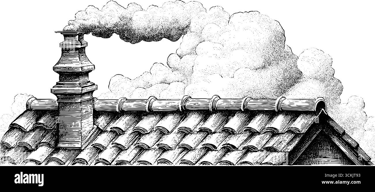 Scenografia vintage sul tetto con pennacchio di fumo e piastrelle usurate - illustrazione con incisione disegnata a mano. Illustrazione Vettoriale