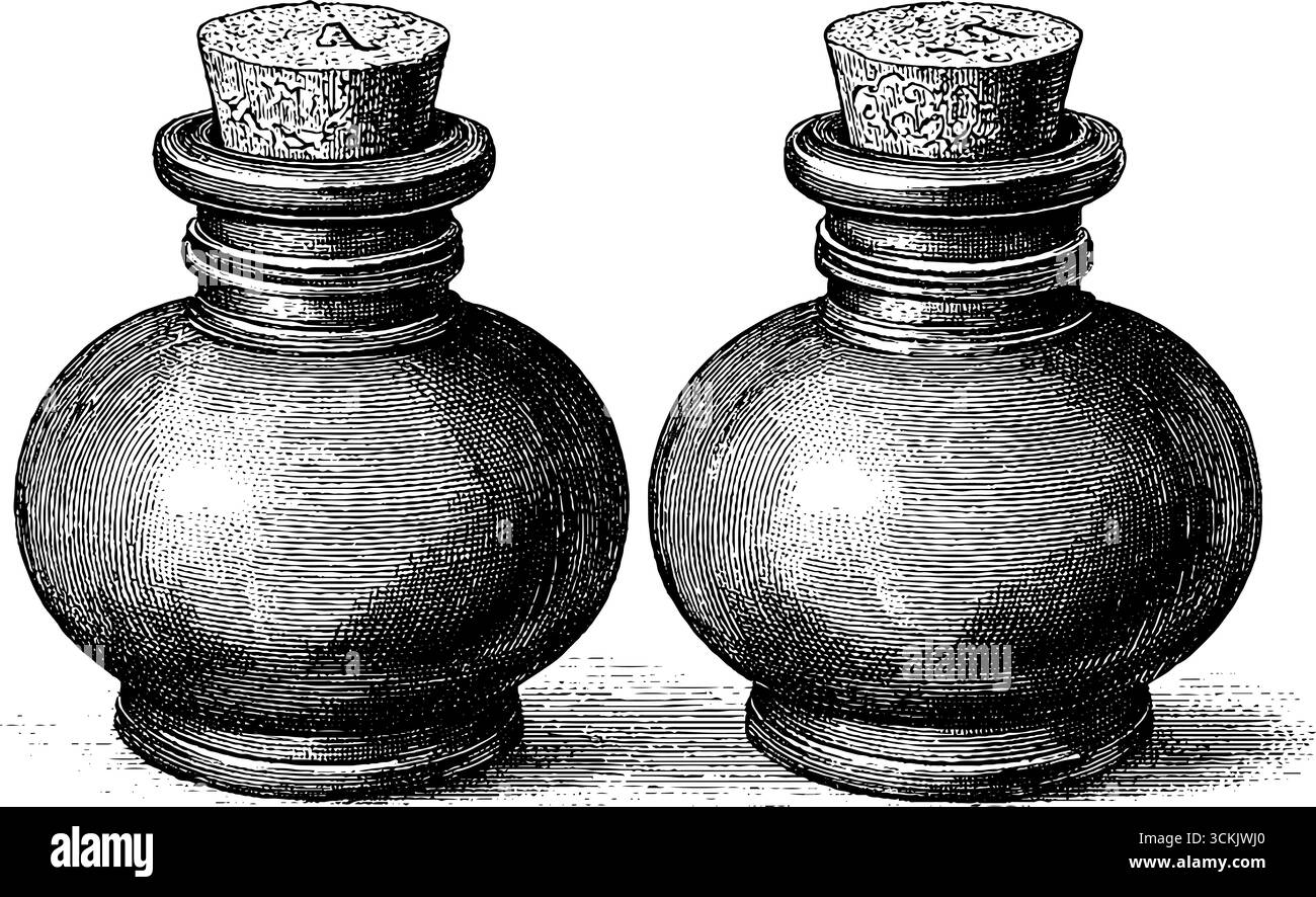 Illustrazione vintage disegnata a mano di matracci in metallo antico con tappi in sughero. Illustrazione Vettoriale