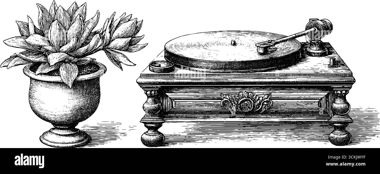 Lettore di dischi vintage con succulento ripiano a parete, design retrò disegnato a mano. Illustrazione Vettoriale