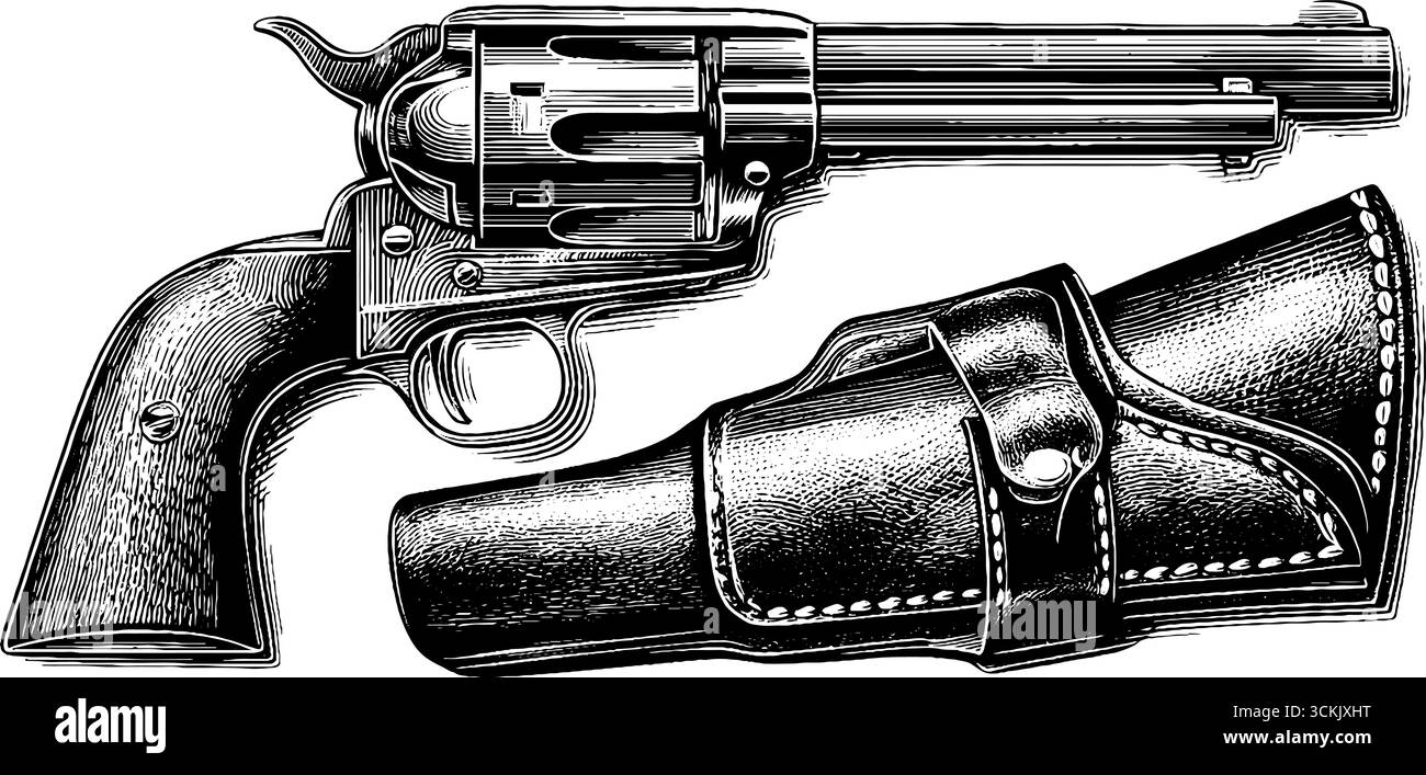 Revolver e fondina western vintage incisione disegnata a mano per un design retrò. Illustrazione Vettoriale