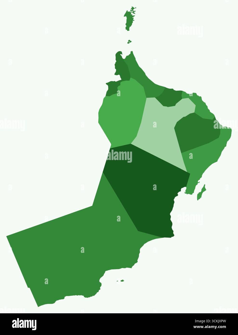 Mappa dell'Oman con le regioni. Solo una semplice mappa di confine con la divisione della regione. Tavolozza dei colori verde. Forma Oman vuota con divisione amministrativa. Illustrazione Vettoriale