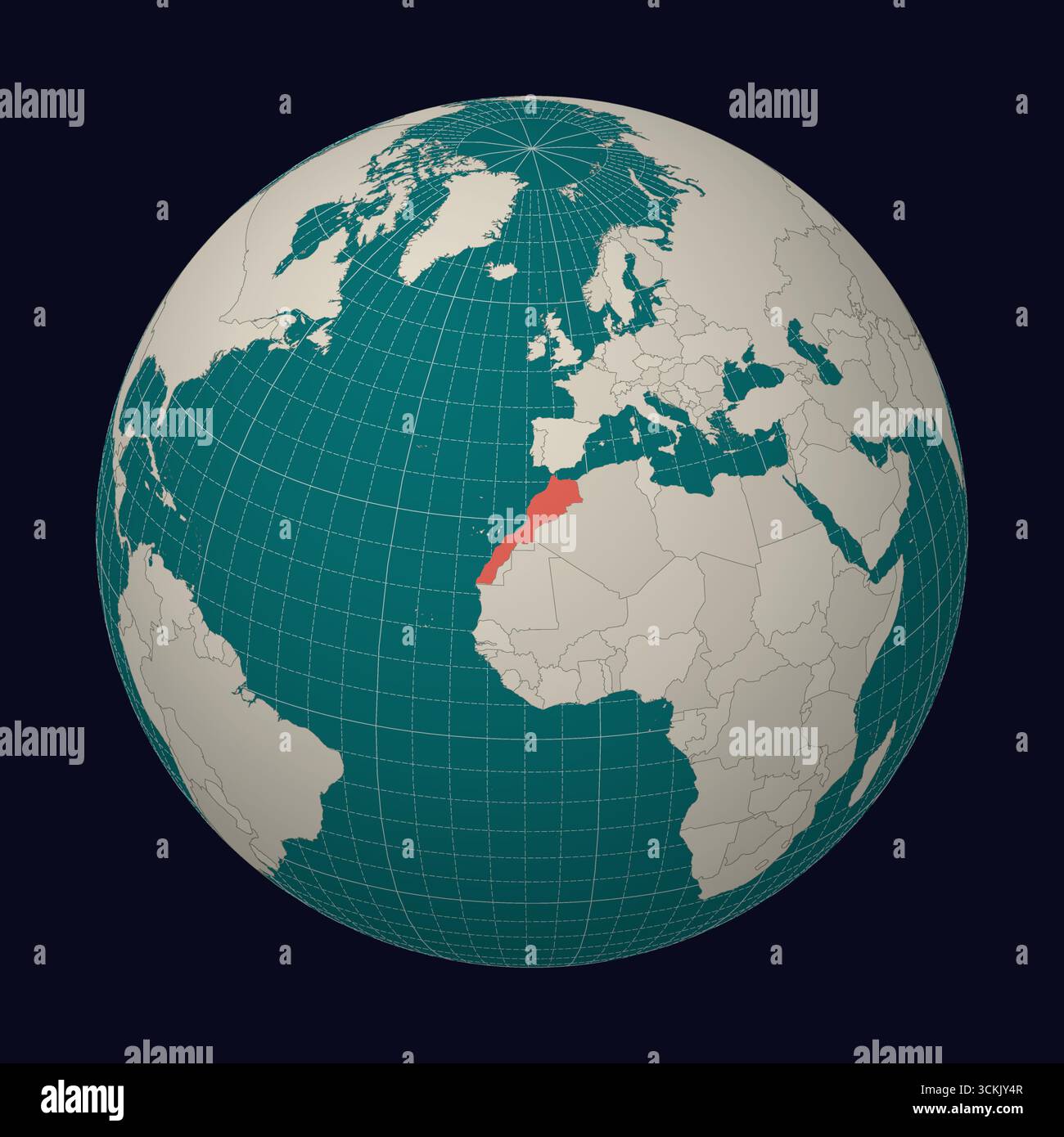 Marocco sulla mappa. Globo incentrato sul Marocco. Posizione del paese sulla mappa del mondo. Tavolozza colori color Menta pallido. Illustrazione Vettoriale