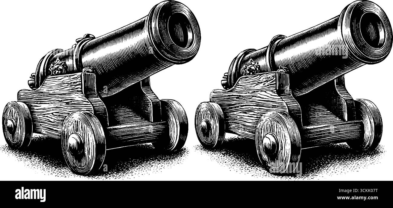 Set illustrativo vintage con cannoni incisi - silhouette in bianco e nero per un design retrò. Illustrazione Vettoriale