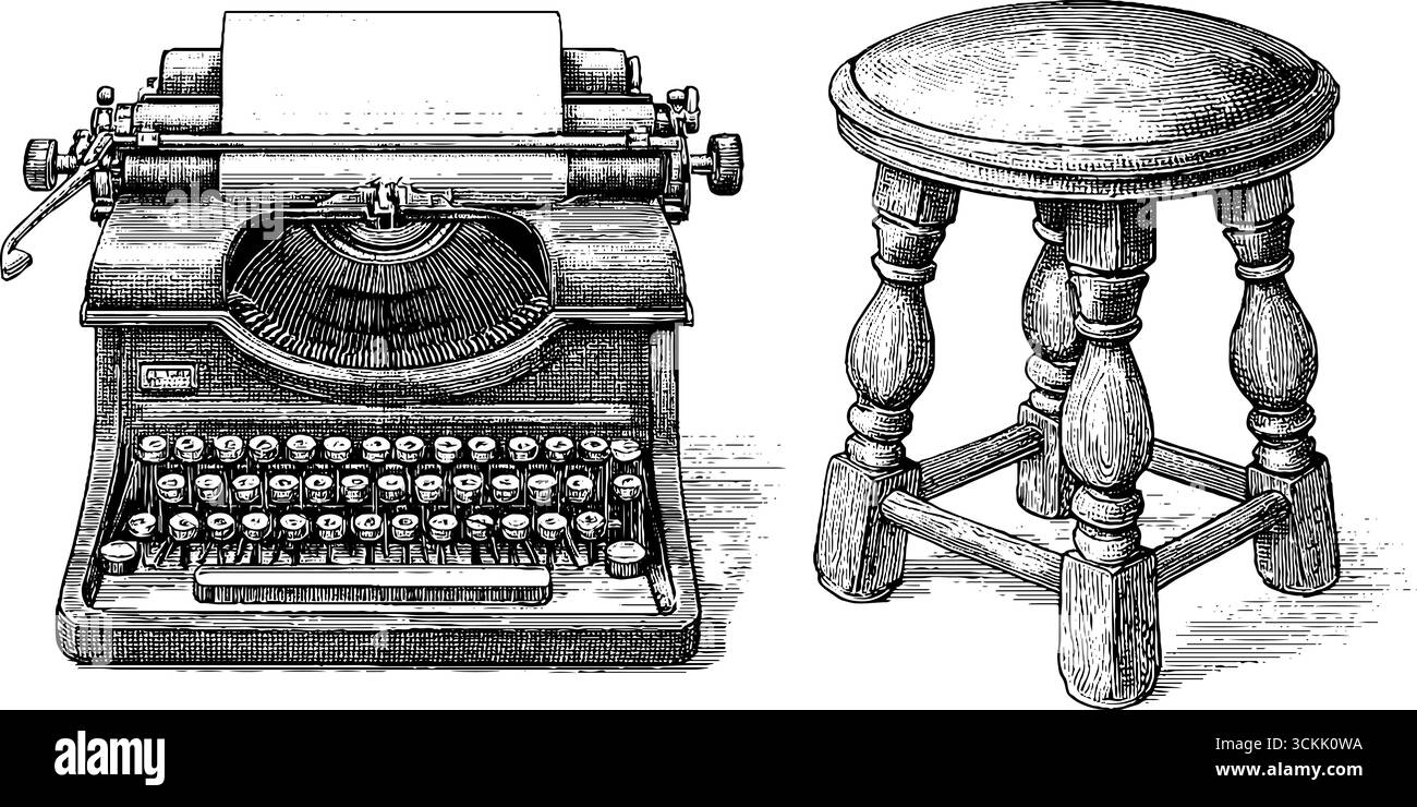 Macchina da scrivere vintage e sgabello polveroso che ritrae la scena nostalgica di sunbeam per un arredamento a tema retrò. Illustrazione Vettoriale