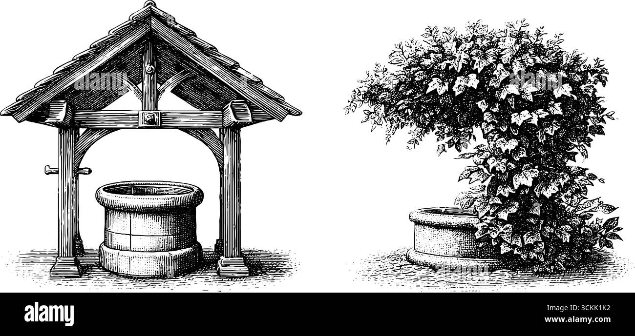 Vintage Wishing Well e ivy con disegno a ondulazione delle monete per un design retrò. Illustrazione Vettoriale