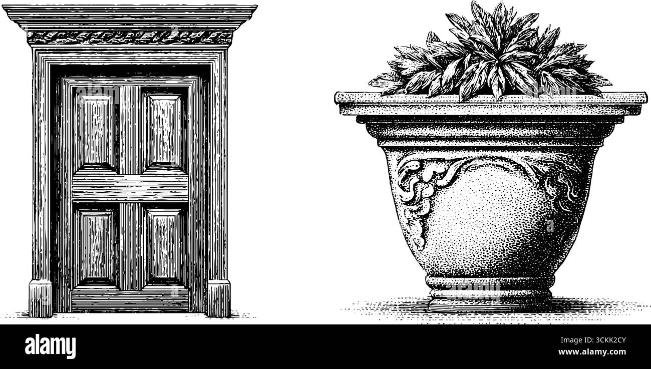 Porta in legno vintage e bozzetto decorativo di vasi di fiori per progetti di design. Illustrazione Vettoriale