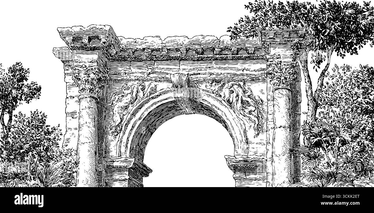 Incisione architettonica d'epoca di un'antica arcata in pietra con dettagli ornamentali. Illustrazione Vettoriale