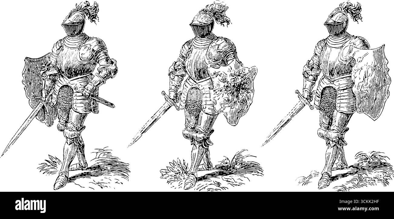 Armatura medievale da cavaliere in stile vintage con incisioni in bianco e nero. Illustrazione Vettoriale