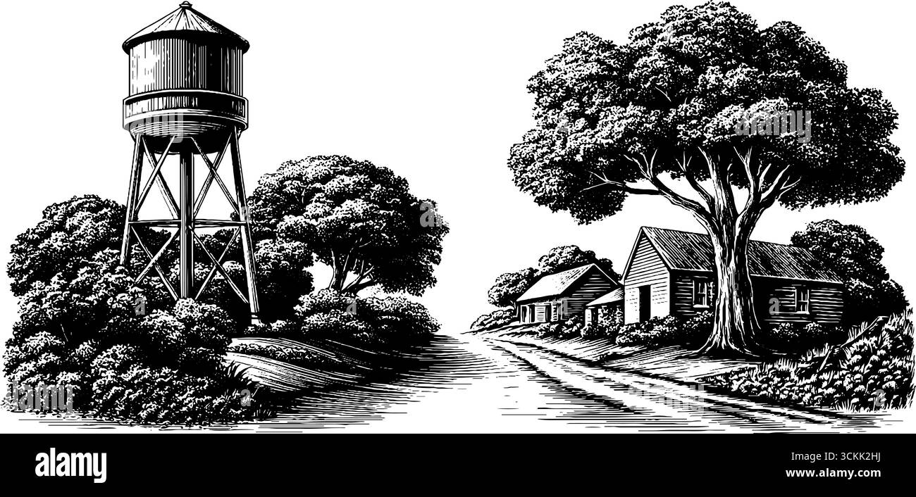 Incisione vintage in bianco e nero del paesaggio cittadino con torre d'acqua e alberi. Illustrazione Vettoriale Incisione vintage in bianco e nero del paesaggio cittadino con torre d'acqua e alberi. Illustrazione Vettoriale