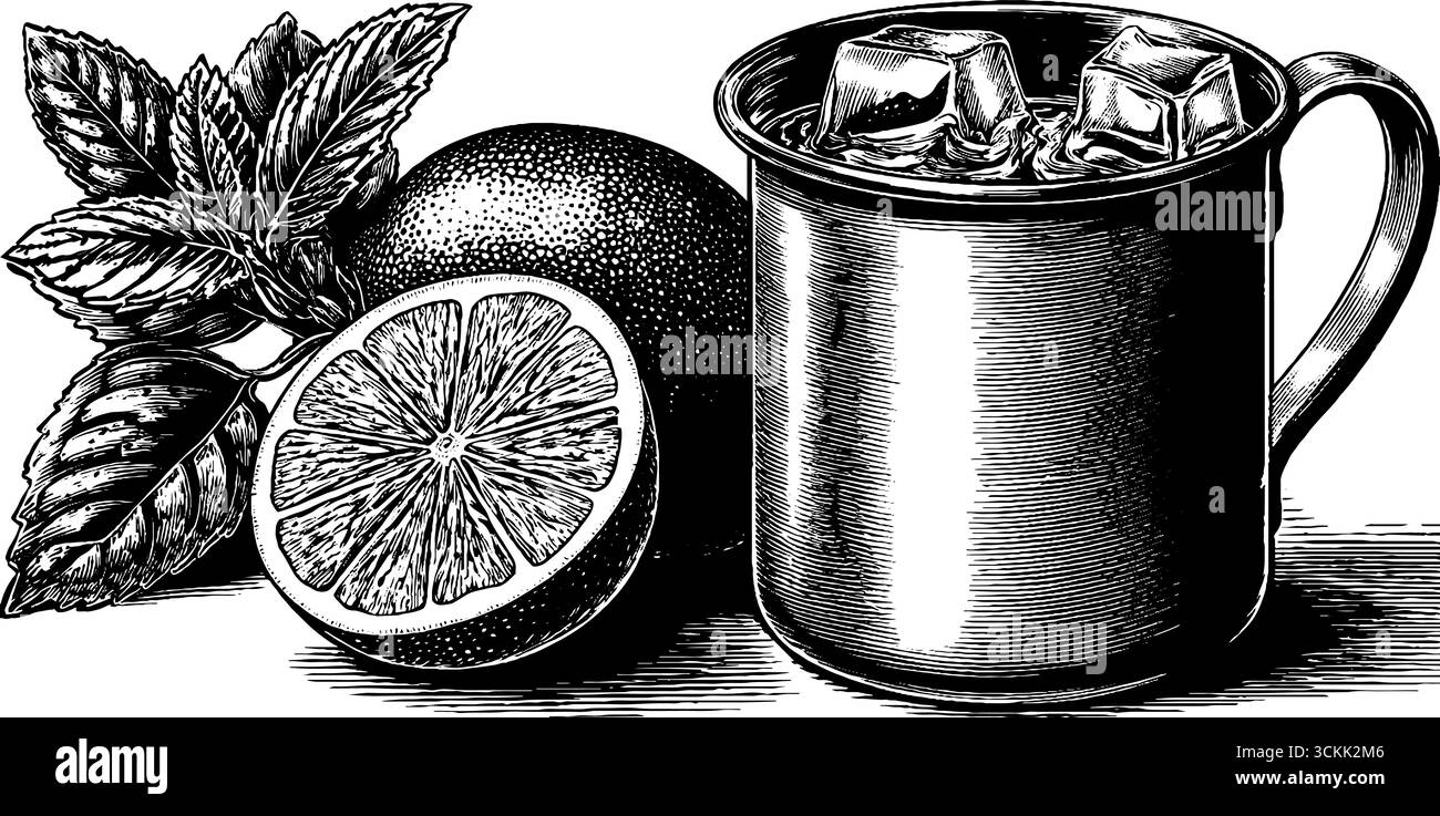 Intricata incisione a mulo di mosca con tazza di rame e freschi elementi agrumati. Illustrazione Vettoriale