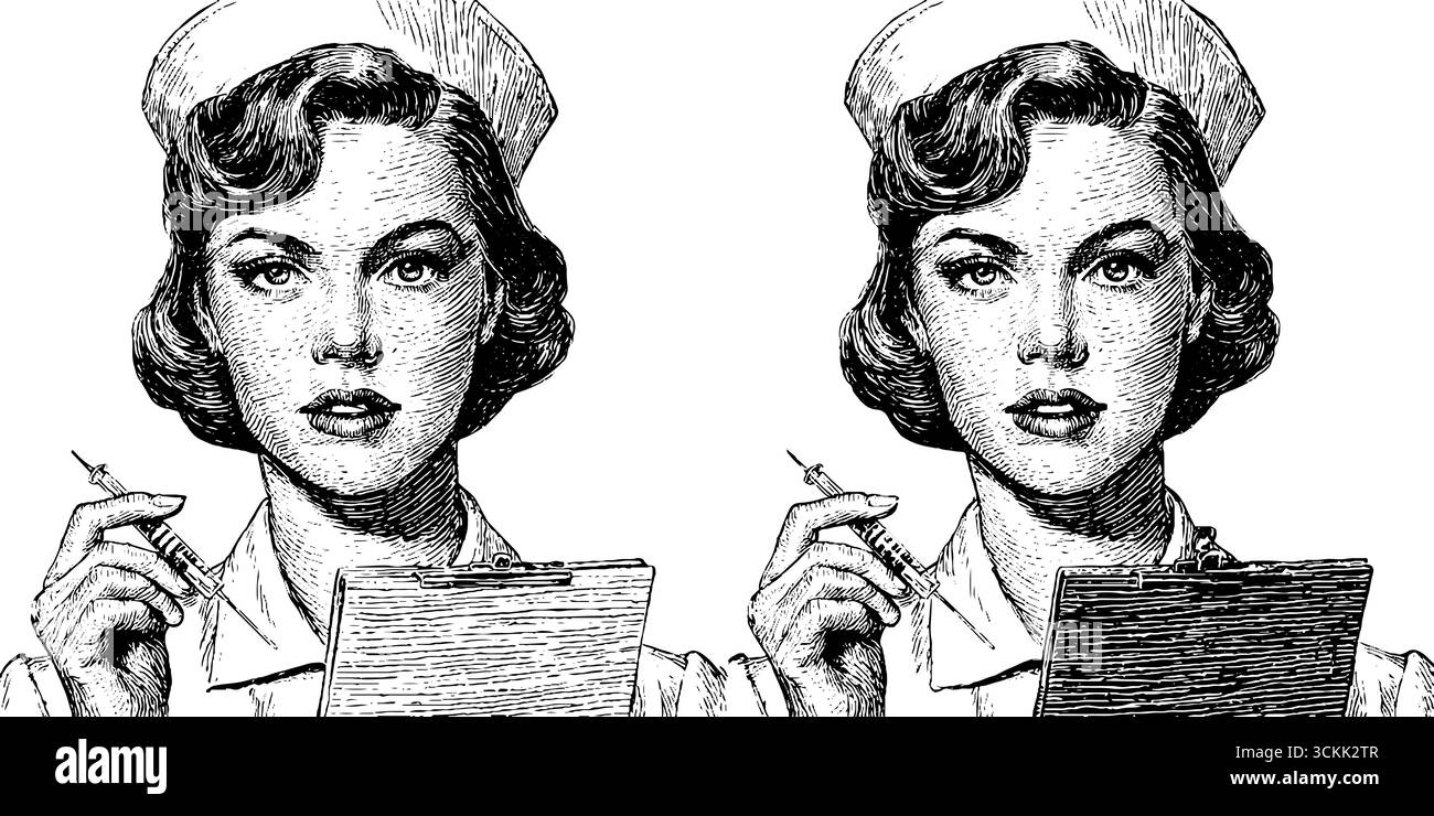 Infermiera d'epoca incisione con cappuccio e siringa - arte medica retrò per poster. Illustrazione Vettoriale