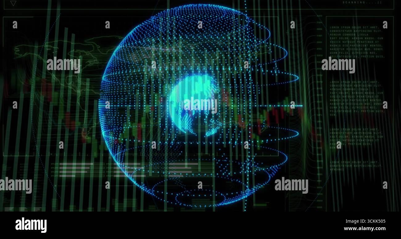 Mostra la sfera dei dati sull'interfaccia finanziaria, con candele, flussi, pannelli di codice, profili della mappa Foto Stock