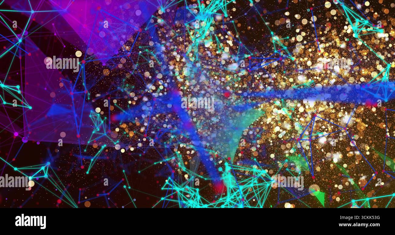 Mesh astratta in streaming nel cyberspazio virtuale, con nodi di dati, linee di connessione e particelle Foto Stock