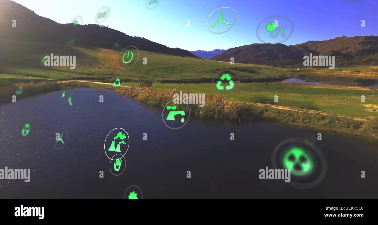 Icone ecologiche galleggianti che si spostano sullo stagno rurale e sulle colline erbose, mostrando simboli energetici Foto Stock