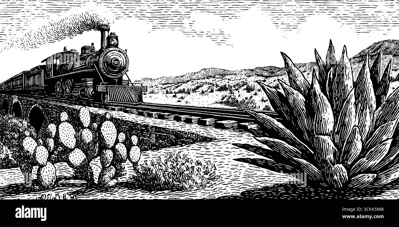 Treno d'epoca con incisione con paesaggio desertico e cactus. Illustrazione Vettoriale