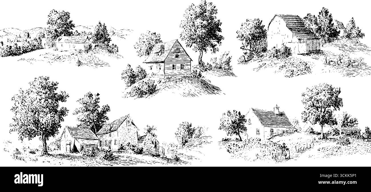 Illustrazioni vintage in bianco e nero di case di campagna e paesaggi. Illustrazione Vettoriale